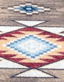 Navajo-inspired Bow Strings Brown Rug with red, blue, and light and dark brown patterns, made of UV fade, stain, and moisture-resistant EnduraStran nylon, American-made