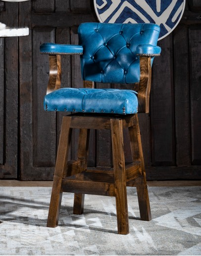 denim blue tufted leather swivel bar stool