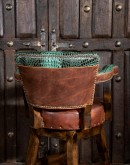 brown leather swivel barstool with turquoise croc leather accents