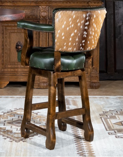 dark olive green leather bar stool with axis deer hair on back