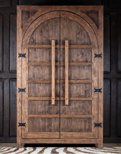 TX Wardrobe TX Wardrobe - Rustic Pecky Hickory Veneers with Vintage Natural finish, featuring arched panel, authentic hinges, wooden bar hardware, removable clothes rod, adjustable shelves, and drawers