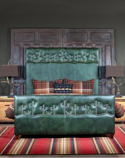 Legends Cacti Bed A luxurious green leather upholstered bed, American-made with clean lines and hand burnished details. Features unique nickel nail trim with cactus designs on the headboard and footboard, presenting a tall, art-like stature in the bedroom.