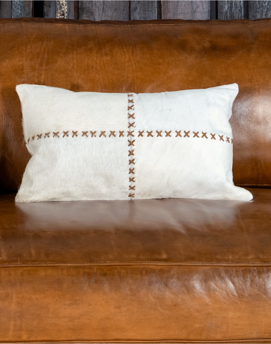 Blanco Cowhide Stitched Lumbar Pillow