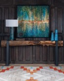 Afterlight Abstract Art, a vibrant square painting featuring rich shades of teal, blue, and red in an abstract pattern, framed in a matte black wooden frame, ideal for modern rustic interior design