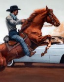 Horizontal art print depicting a dynamic scene of a cowboy riding a bronco horse, set against a light blue classic car in the background. The artwork is detailed and vivid, showcasing a seamless blend of traditional western and modern motifs. It is coated