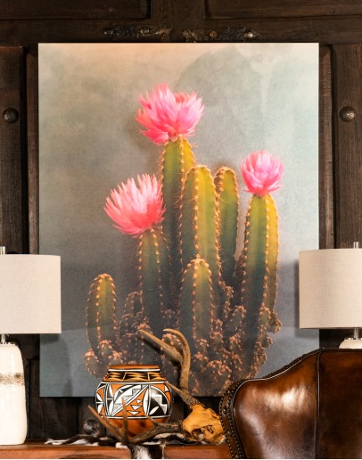 painting of cactus with pink blossom 
