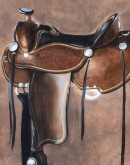 Western saddle art piece with neutral background, protected by clear epoxy glass coat, in a sleek black matte frame.