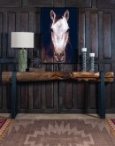 Vertical Tan Horse Frame Art featuring a highly detailed image of a Tan Horse against a stark black background, beautifully framed in a matte black frame.