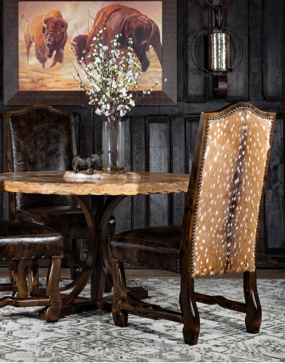 dining chair with distressed leather and real axis deer skin
