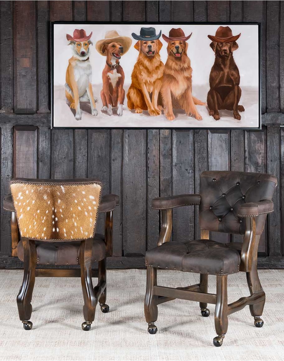 game chair with axis deer hide and brown tufted leather seat cushions