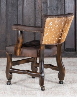 game chair with axis deer hide and brown tufted leather seat cushions