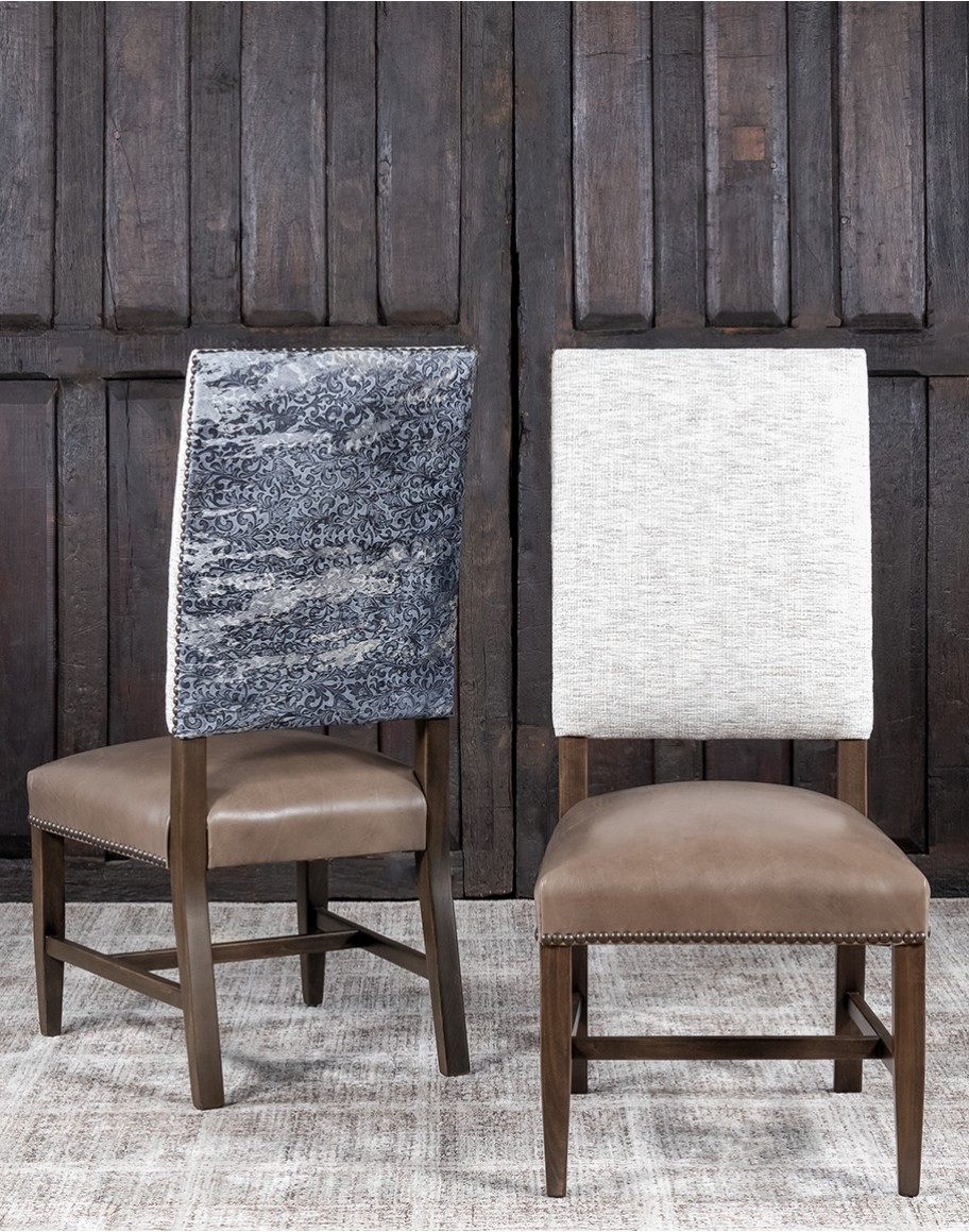high quailty dining chair with cream tweed fabric and taupe brown leather seat cushion