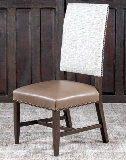 high quailty dining chair with cream tweed fabric and taupe brown leather seat cushion