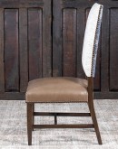 high quailty dining chair with cream tweed fabric and taupe brown leather seat cushion