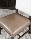 high quailty dining chair with cream tweed fabric and taupe brown leather seat cushion