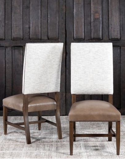 Belmont Baltic Dining Chair High End Dining Chair with a solid hardwood frame, full grain leather seat cushion, and tweed textured fabric on the inside and outside back, adorned with brass nail tacks.