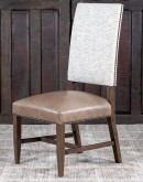 High End Dining Chair with a solid hardwood frame, full grain leather seat cushion, and tweed textured fabric on the inside and outside back, adorned with brass nail tacks.