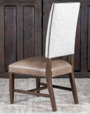 High End Dining Chair with a solid hardwood frame, full grain leather seat cushion, and tweed textured fabric on the inside and outside back, adorned with brass nail tacks.