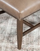 High End Dining Chair with a solid hardwood frame, full grain leather seat cushion, and tweed textured fabric on the inside and outside back, adorned with brass nail tacks.