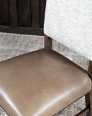 High End Dining Chair with a solid hardwood frame, full grain leather seat cushion, and tweed textured fabric on the inside and outside back, adorned with brass nail tacks.