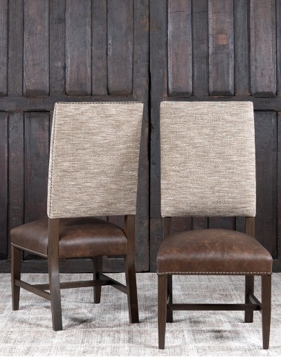 Belmont Bark Dining Chair High End Dining Chair with a solid hardwood frame, top grain leather seat cushion, and tweed textured fabric on the backrest, adorned with brass nail tacks.