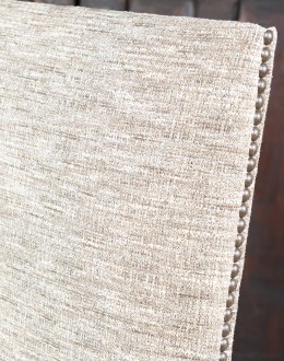 Belmont Bark Dining Chair High End Dining Chair with a solid hardwood frame, top grain leather seat cushion, and tweed textured fabric on the backrest, adorned with brass nail tacks.