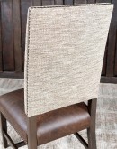 High End Dining Chair with a solid hardwood frame, top grain leather seat cushion, and tweed textured fabric on the backrest, adorned with brass nail tacks.