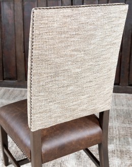Belmont Bark Dining Chair High End Dining Chair with a solid hardwood frame, top grain leather seat cushion, and tweed textured fabric on the backrest, adorned with brass nail tacks.