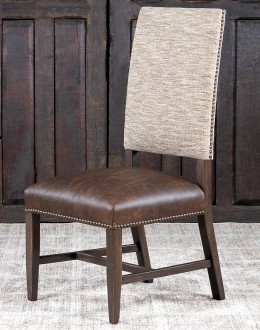 Belmont Bark Dining Chair High End Dining Chair with a solid hardwood frame, top grain leather seat cushion, and tweed textured fabric on the backrest, adorned with brass nail tacks.