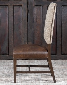 Belmont Bark Dining Chair High End Dining Chair with a solid hardwood frame, top grain leather seat cushion, and tweed textured fabric on the backrest, adorned with brass nail tacks.