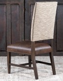 High End Dining Chair with a solid hardwood frame, top grain leather seat cushion, and tweed textured fabric on the backrest, adorned with brass nail tacks.