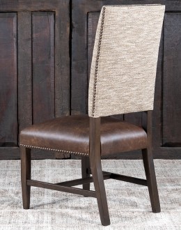 Belmont Bark Dining Chair High End Dining Chair with a solid hardwood frame, top grain leather seat cushion, and tweed textured fabric on the backrest, adorned with brass nail tacks.