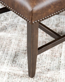 Belmont Bark Dining Chair High End Dining Chair with a solid hardwood frame, top grain leather seat cushion, and tweed textured fabric on the backrest, adorned with brass nail tacks.