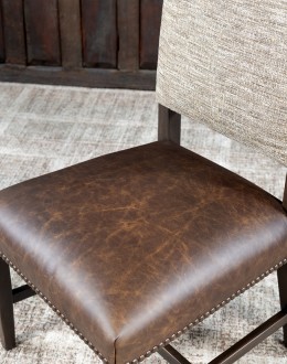 Belmont Bark Dining Chair High End Dining Chair with a solid hardwood frame, top grain leather seat cushion, and tweed textured fabric on the backrest, adorned with brass nail tacks.