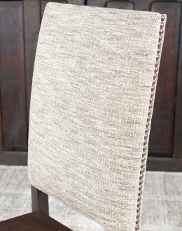 Belmont Bark Dining Chair High End Dining Chair with a solid hardwood frame, top grain leather seat cushion, and tweed textured fabric on the backrest, adorned with brass nail tacks.