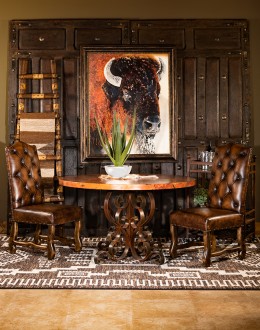 fine leather dining chair with a button tufted seat back and croc leather on back,chaps leather and croc back dining chair