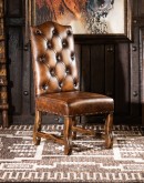 fine leather dining chair with a button tufted seat back and croc leather on back,chaps leather and croc back dining chair