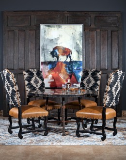 southwestern style dining chair with fabric and leather seat cushion