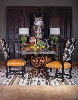 southwestern style dining chair with fabric and leather seat cushion
