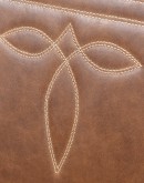 Sundance Saddle Leather Dining Chair featuring solid American Alder Wood frame with black walnut finish, saddle tan leather upholstery, brass nail tacks, and boot stitch emblem.