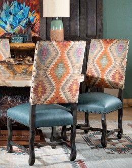 southwestern style dining chair with fabric and leather seat cushion