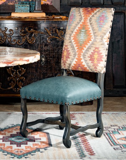 southwestern style dining chair with fabric and leather seat cushion