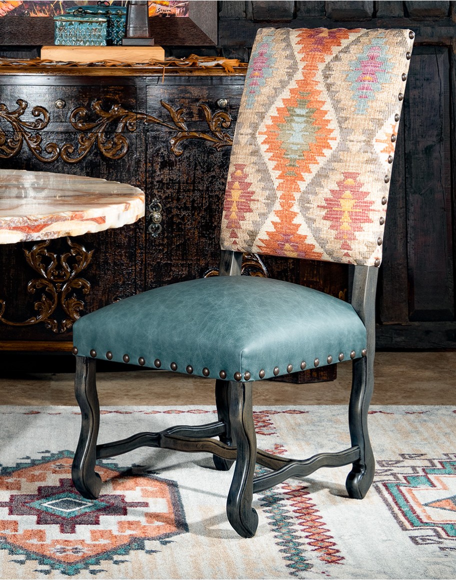 southwestern style dining chair with fabric and leather seat cushion
