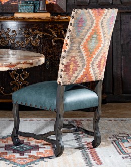 southwestern style dining chair with fabric and leather seat cushion