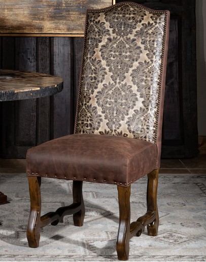 Leather Dining Chair with a Rustic Elegant Look spanish style dining room chair,rustic ranch embossed leather dining chair