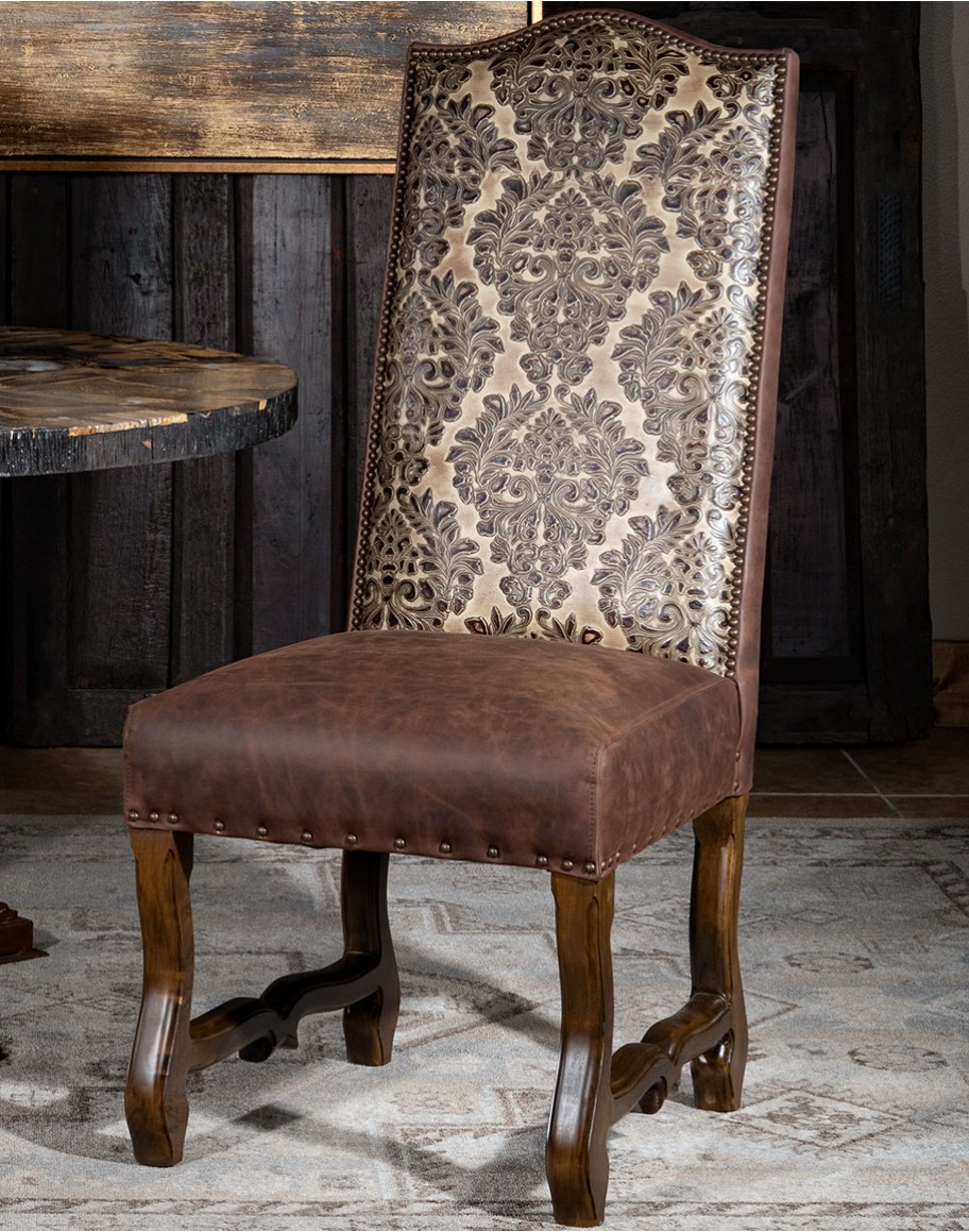 spanish style dining room chair,rustic ranch embossed leather dining chair