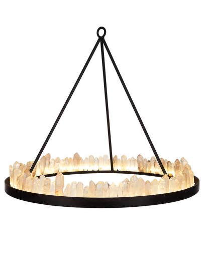 round iron chandelier with quartz crystals
