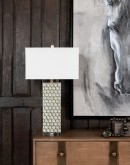 Hexagonal patterned base table lamp with a crisp white rectangular shade by Wild Woods.