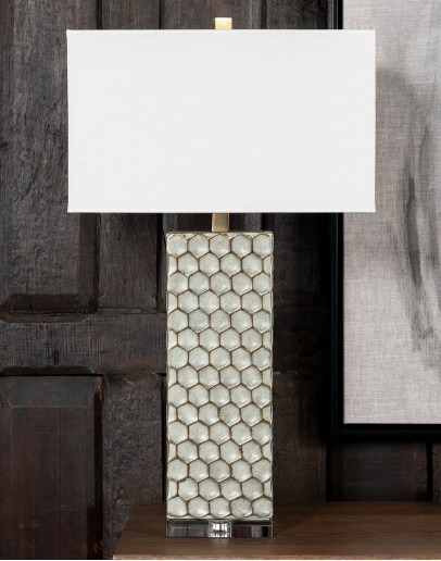 Vilano Table Lamp Hexagonal patterned base table lamp with a crisp white rectangular shade by Wild Woods.