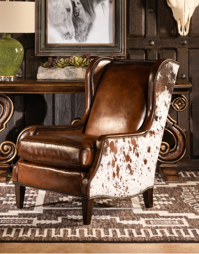 upscale ranch style brown leather wingback chair,brown chair with saddle leather and cowhide